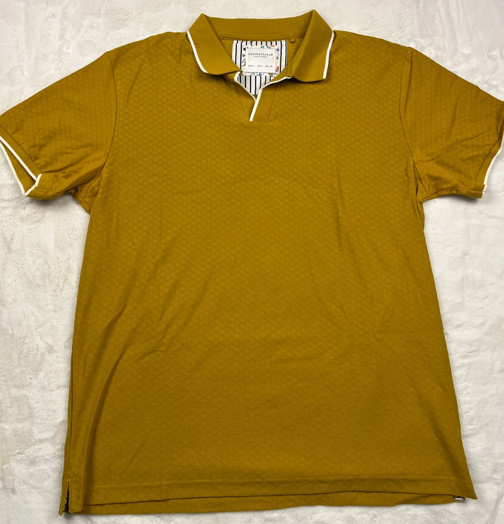 Denim & Flower Ricky Singh Men’s Large Mustard Textured Polo Shirt Short Sleeve